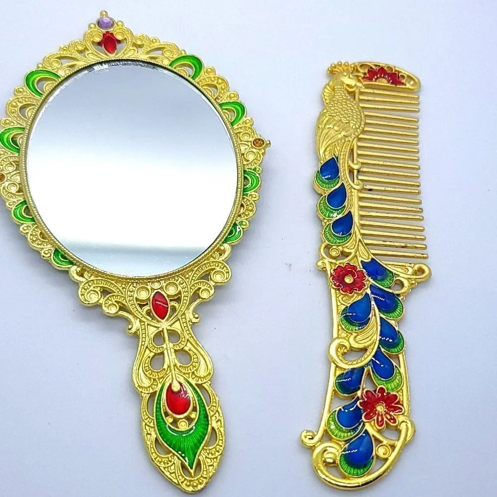 Vintage Peacock Mirror Comb Gift Box Set Yellow Gold Rhinestone Regency Vanity
